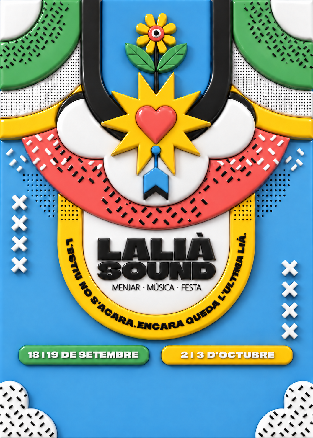 LALIÀ SOUND: flor, sol, cor coral i arcs en relleu, amb les dates dels dos caps de setmana.